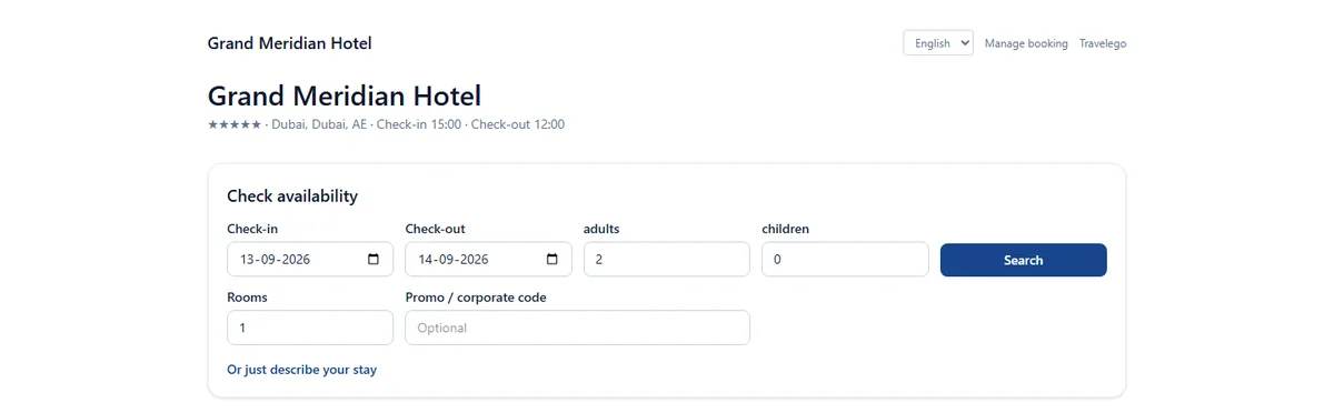 The Travelego AI Hotel OS booking page showing room types, rate plans and nightly prices