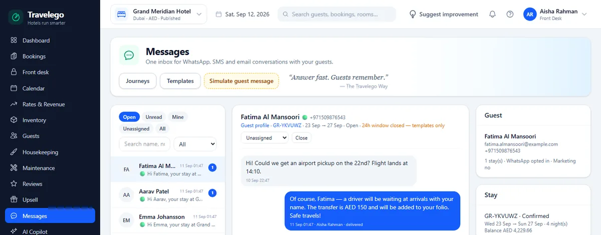 The guest messaging inbox showing WhatsApp conversations
